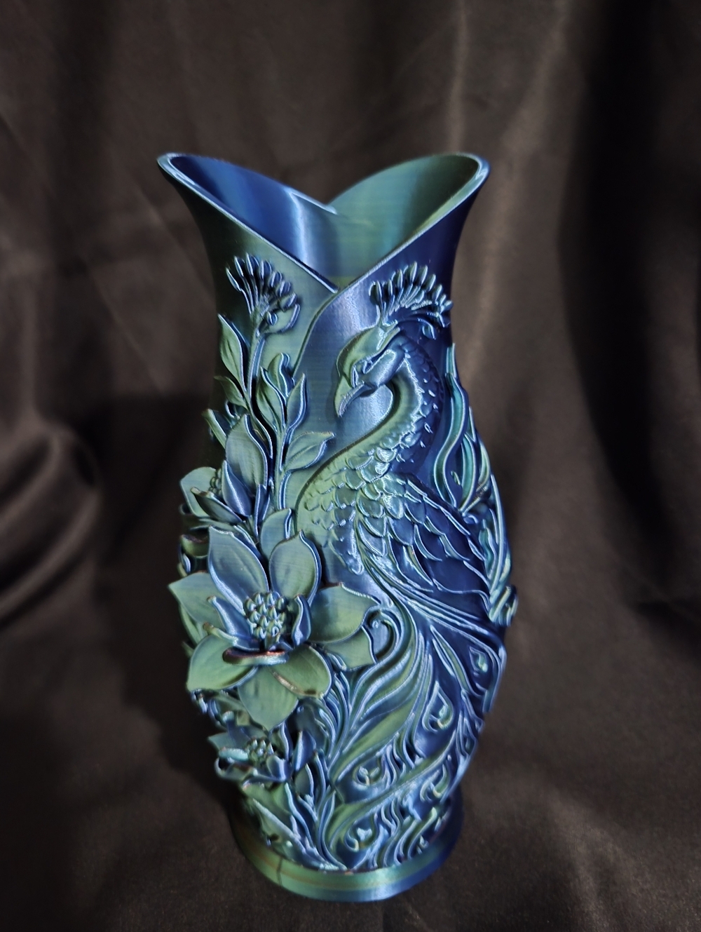 Iridescent Blue-Green-red Decorative Vase with Peacock Relief